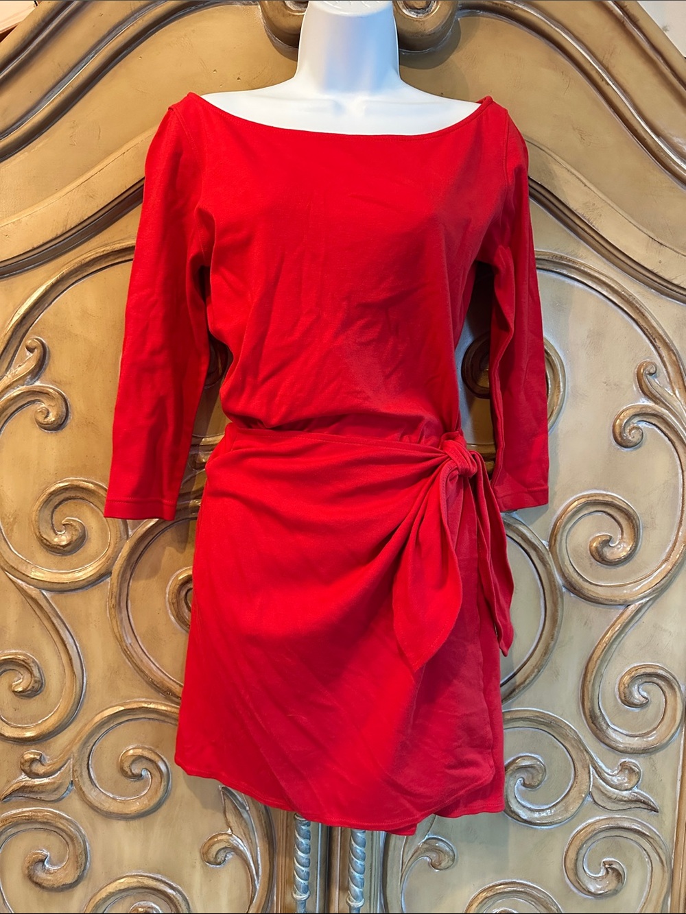 Vintage Donna Karan DKNY Red Tie-Waist Boatneck Mini Dress - Women